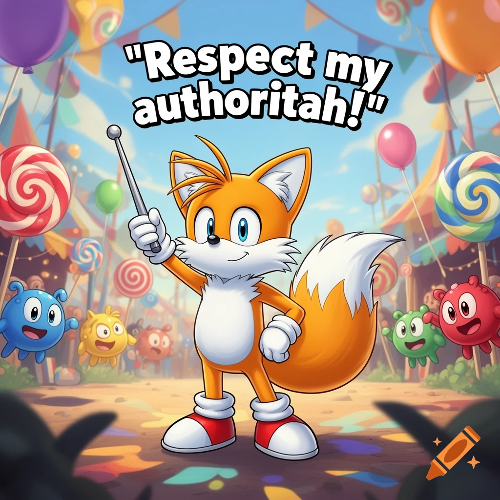 Tails, a cartoon fox from Sonic the Hedgehog, stands in a vibrant carnival setting with a pointing stick, saying "Respect my authoritah!"