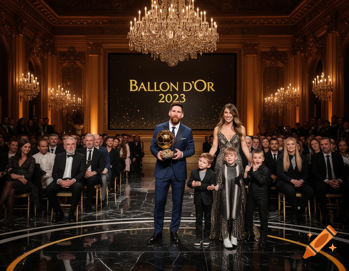 Lionel Messi, his wife, and three children stand on a stage holding the Ballon d'Or trophy in a grand hall, with "BALLON D'OR 2023" displayed on a large screen behind them, in a photorealistic style.