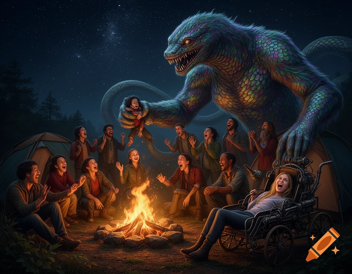 A giant fur snake monster holds a child above a diverse group camping around a bonfire at night. One woman screams in a carriage.