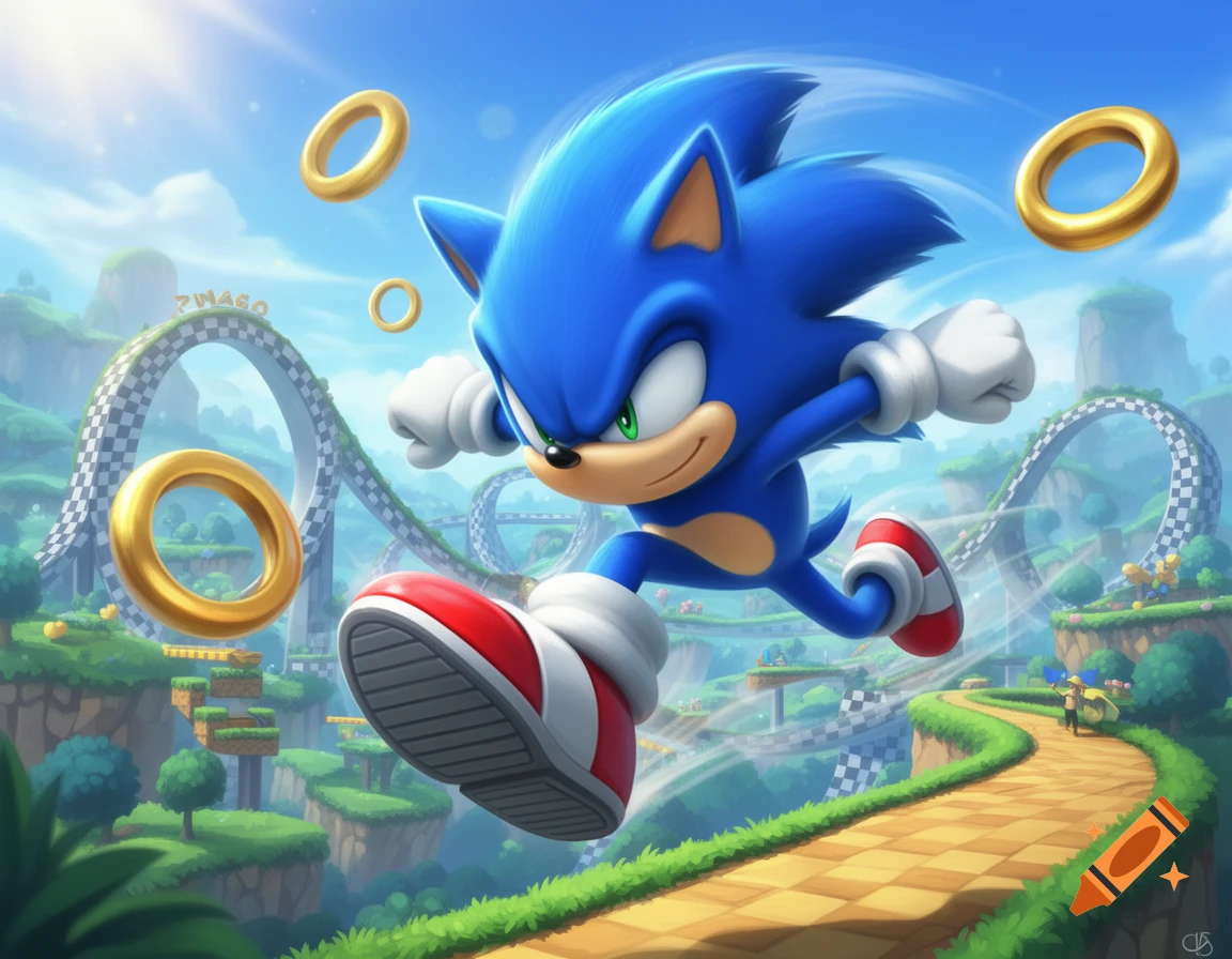 Sonic the Hedgehog speeds through a vibrant, cartoonish Green Hill Zone-like landscape, collecting golden rings under a bright blue sky.