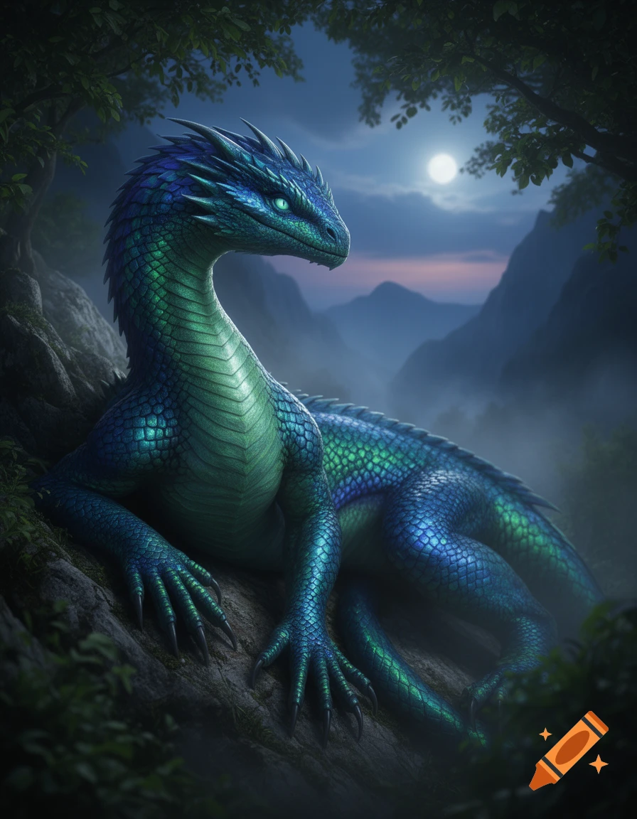 A majestic blue and green dragon with glowing eyes rests on a tree branch in a mystical forest under a full moon at night.