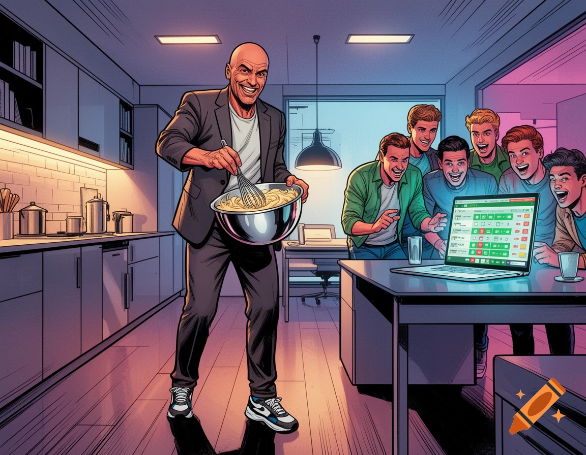A bald man in a suit stirs batter in a modern kitchen while young men cheer at a laptop screen in a comic book style.