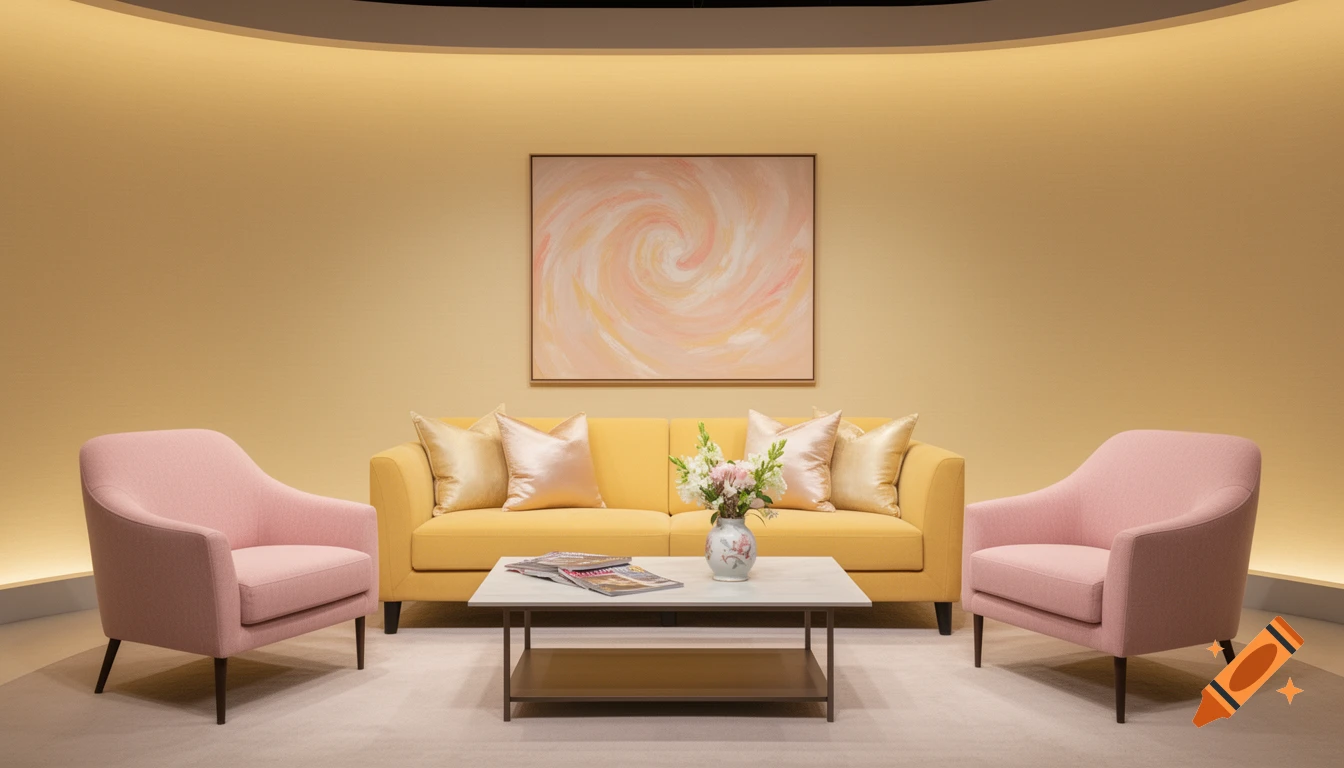 A modern talk show set with a yellow sofa, two pink armchairs, a coffee table, and an abstract painting on a warm yellow wall.
