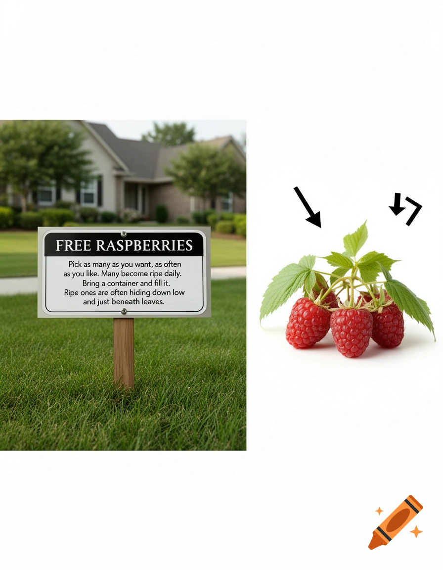 A yard sign in a green lawn offering 'FREE RASPBERRIES' and text instructions, next to a photo of red raspberries on a vine with black arrows.