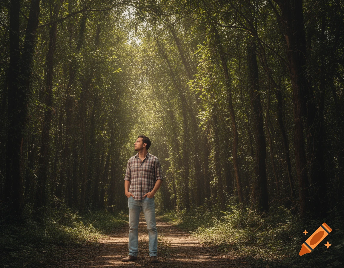 A man in a plaid shirt and jeans stands on a sun-dappled forest path, looking towards the bright light filtering through the trees.