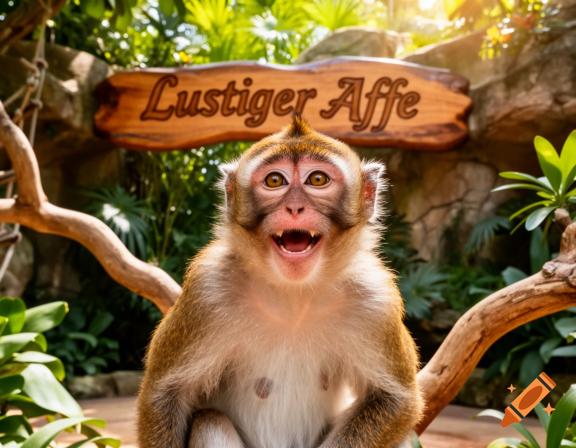 A smiling monkey with golden eyes and an open mouth sits in a lush green jungle, with a wooden sign reading 'Lustiger Affe' behind it.