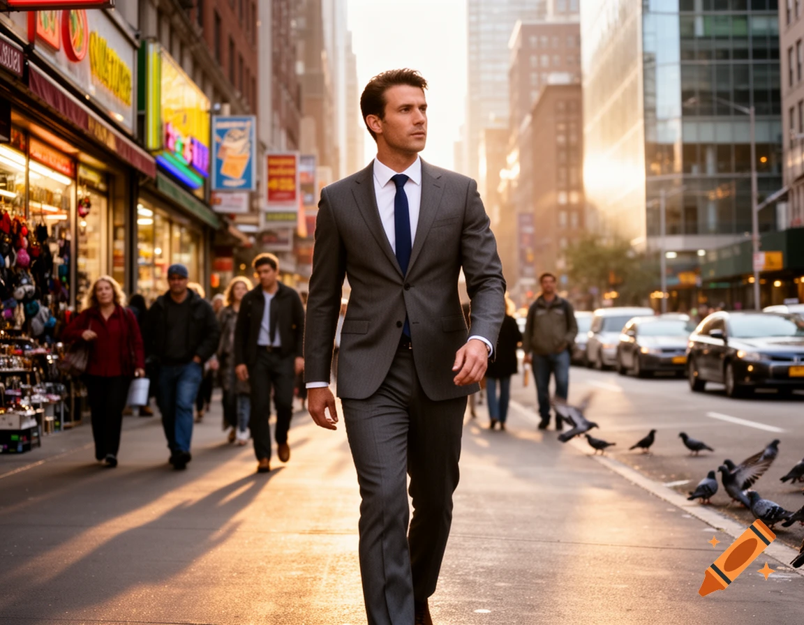 A man in a dark suit and blue tie walks confidently on a sunny city sidewalk past storefronts and other pedestrians.