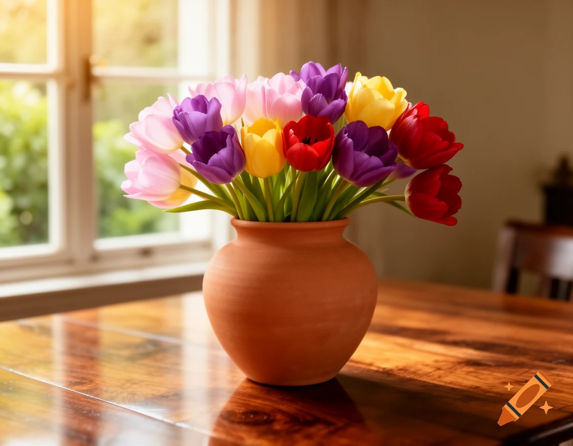 A vibrant bouquet of pink, purple, yellow, and red tulips in a terracotta vase sits on a glossy wooden table by a sunny window.