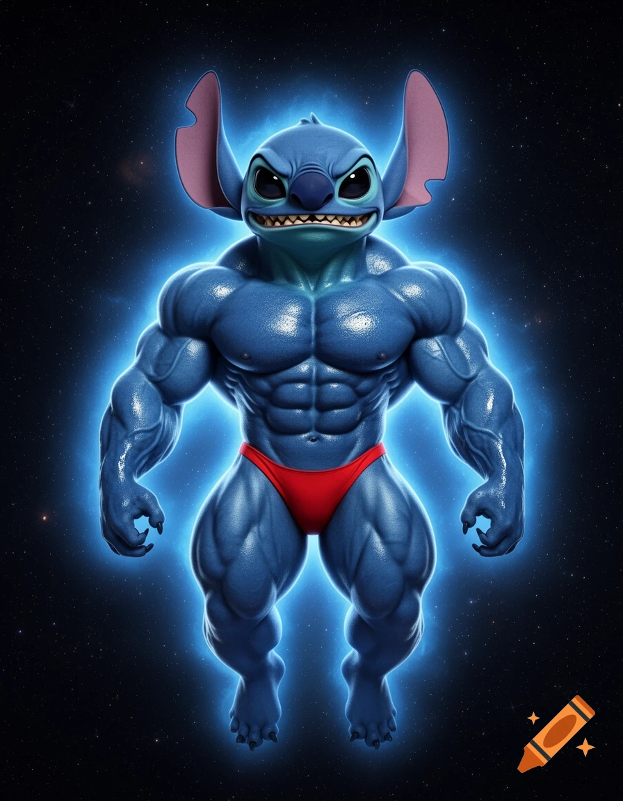 Muscular, blue Stitch from Lilo & Stitch wearing a red posing thong, floating in space with a blue aura.
