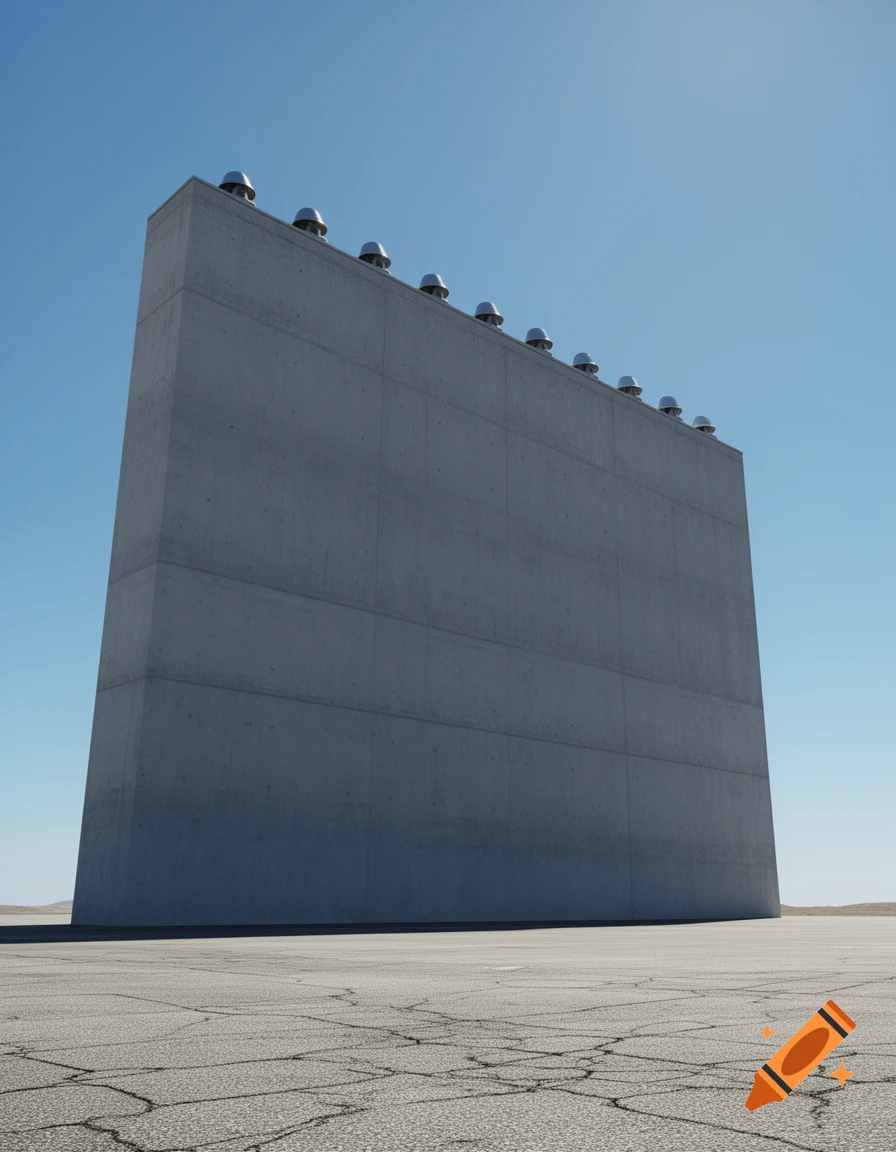 A tall, windowless concrete building with silver vents on top stands on cracked asphalt under a clear blue sky.