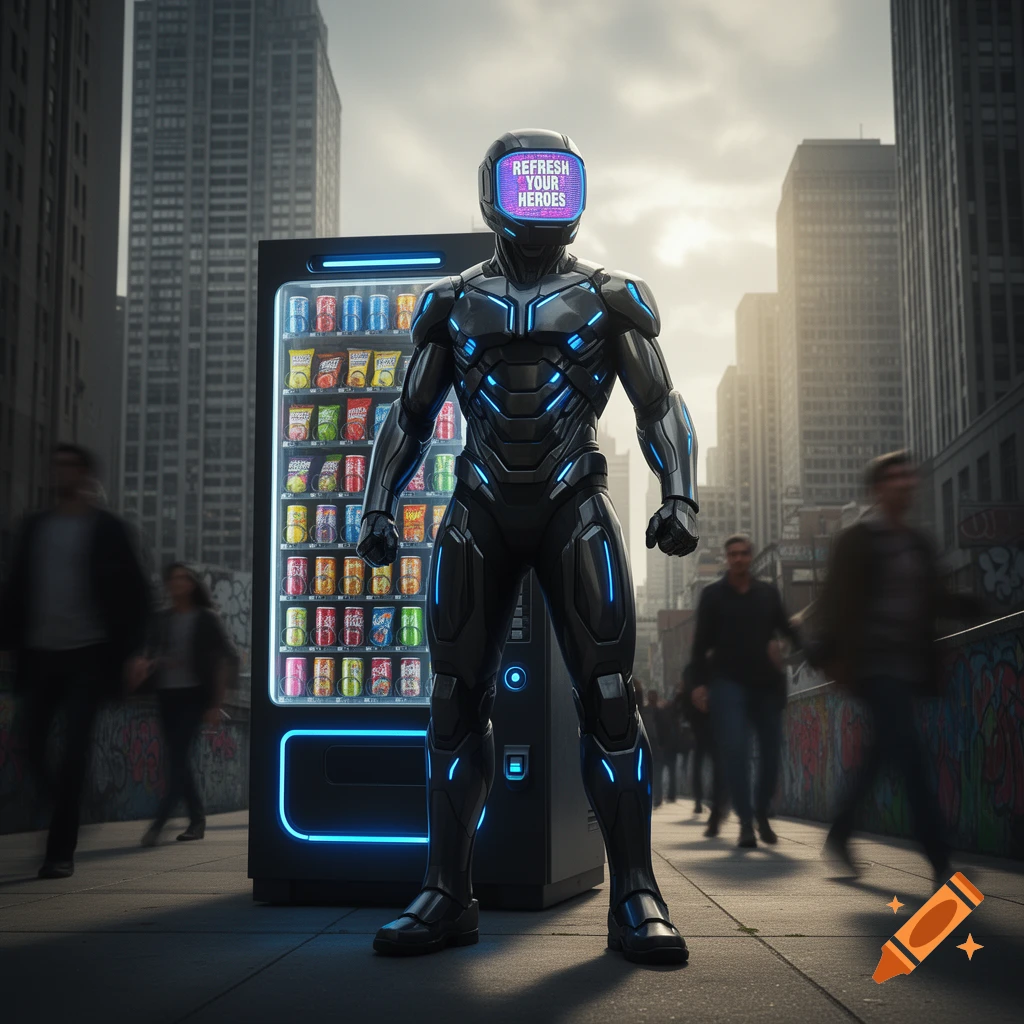 A futuristic superhero in a black and blue armored suit with a screen for a head that says "REFRESH YOUR HEROES" stands in front of a vending machine on a city street.