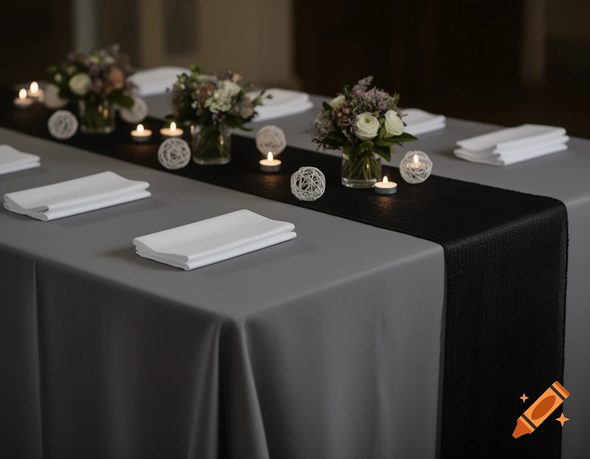 Photorealistic table setting with grey tablecloth, black runner, white napkins, small floral arrangements, candles, and white decorative balls.