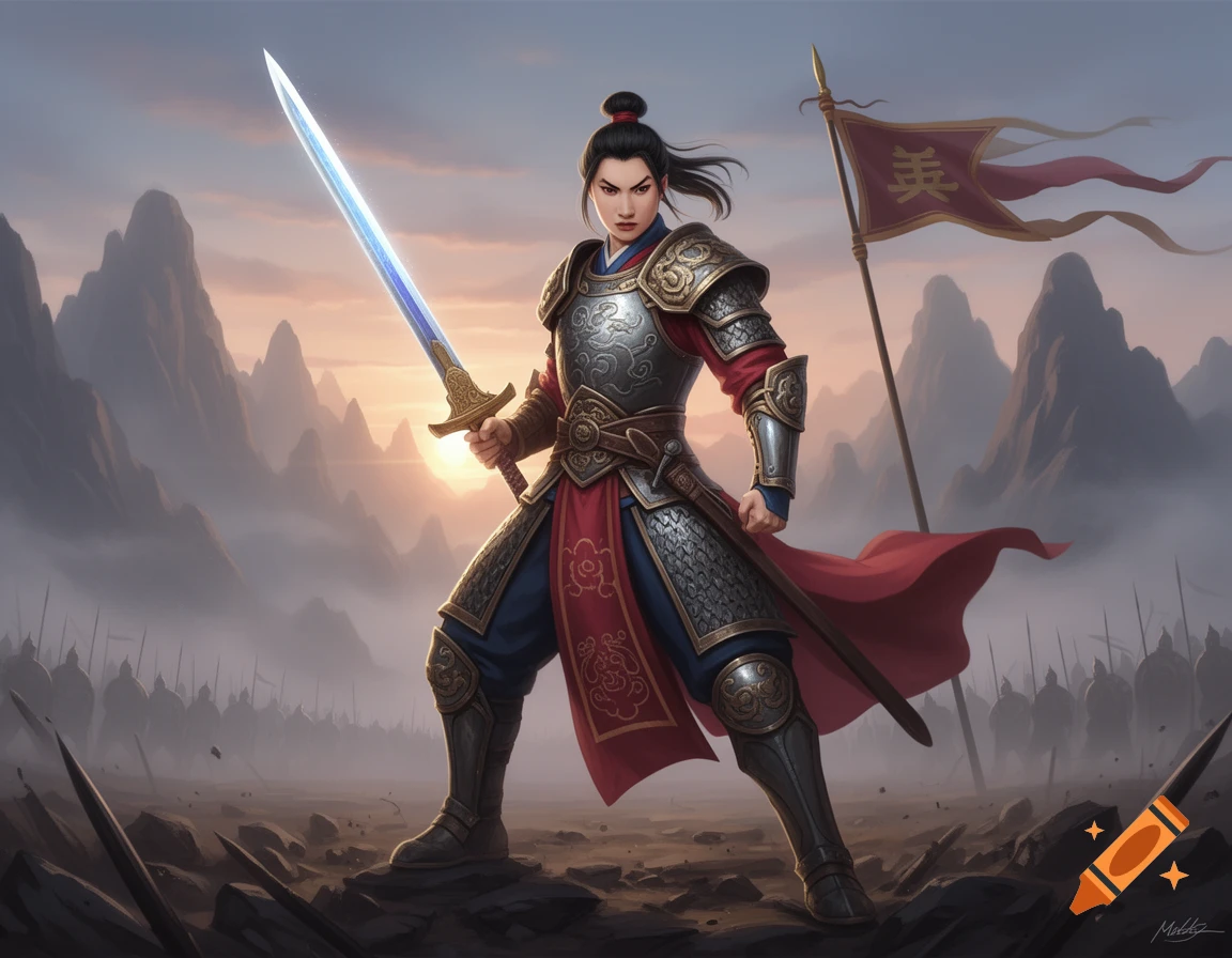 A determined female warrior in ornate armor holds a glowing sword on a misty battlefield with mountains and an army in the background at sunset, digital art.