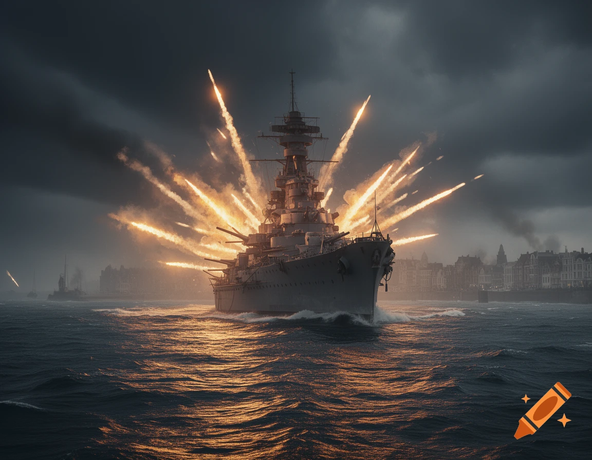 Photorealistic battleship fires guns in a stormy sea, bright orange explosions illuminate the dark sky, distant city visible.