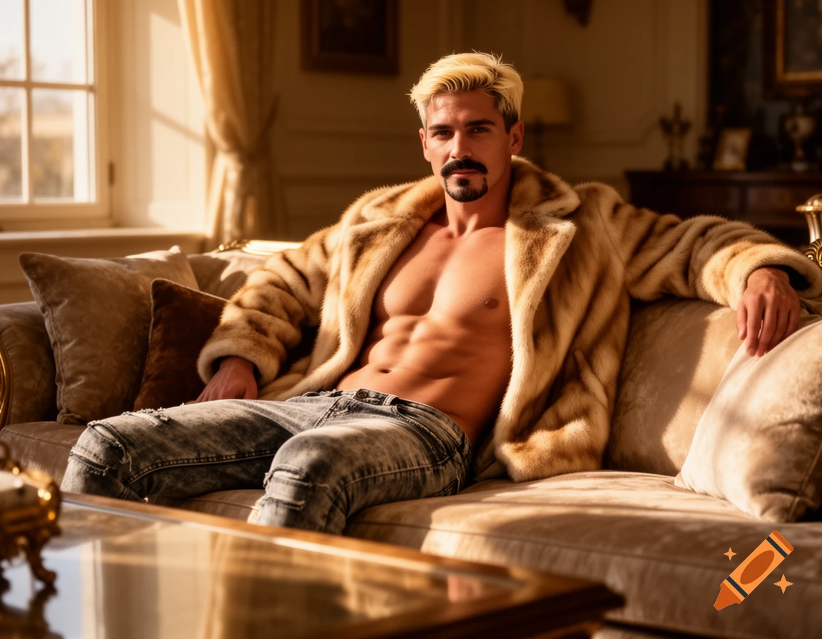 A muscular man with blonde hair and a goatee, wearing an open fur coat and jeans, leans back on a sofa in a sunlit, luxurious room.