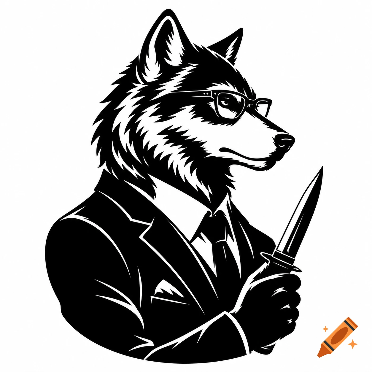 A black and white vector art logo of an anthropomorphic wolf in a suit and glasses, holding a knife.