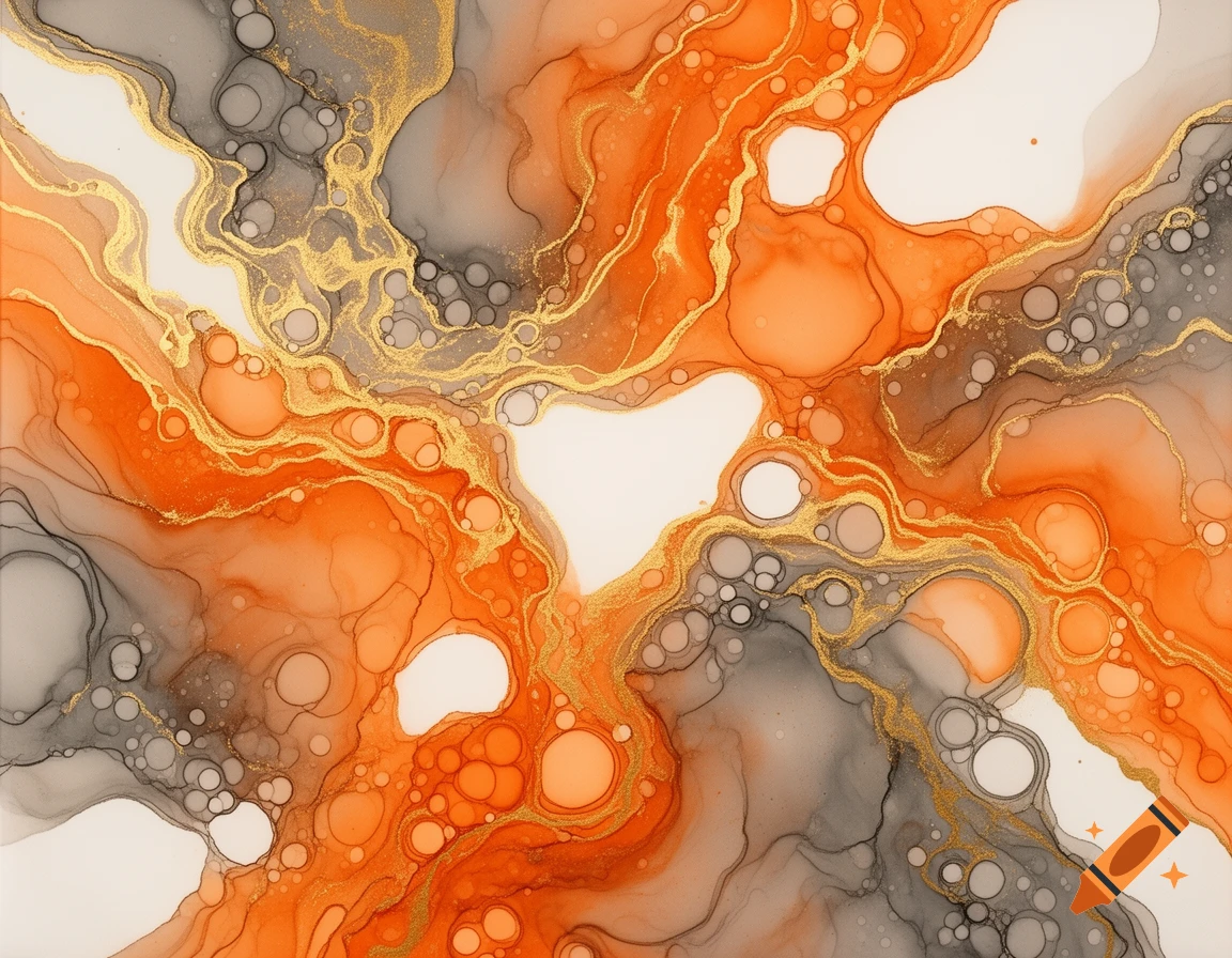 Abstract alcohol ink painting featuring swirling orange, grey, and white colors with glittery gold veins and cell-like patterns.
