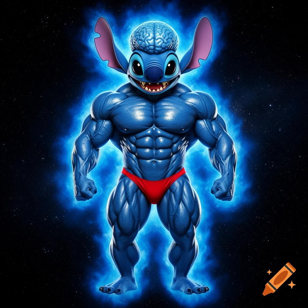 Muscular, blue Stitch from Lilo & Stitch in a red thong, with an oversized brain-like head and blue aura, floating in starry space.