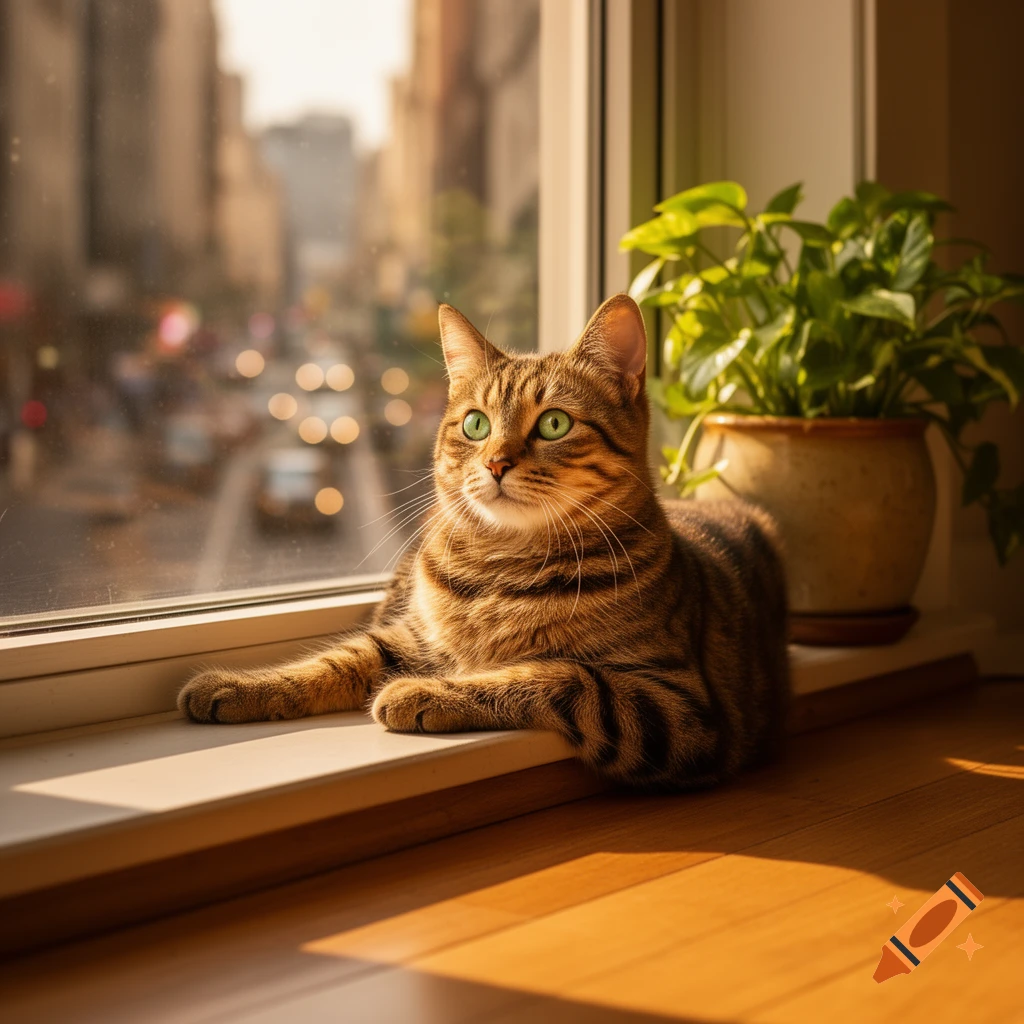 A photorealistic tabby cat with green eyes lies on a sunlit windowsill, looking out at a blurred city street.