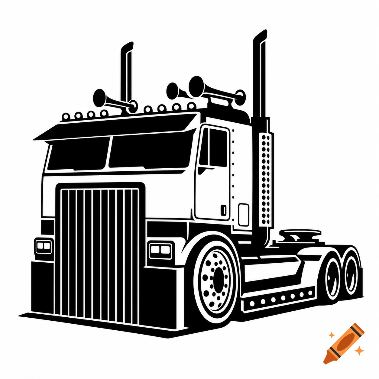 Minimalist black and white vector art logo of a flat front cabover truck with large features and an empty trailer hitch.