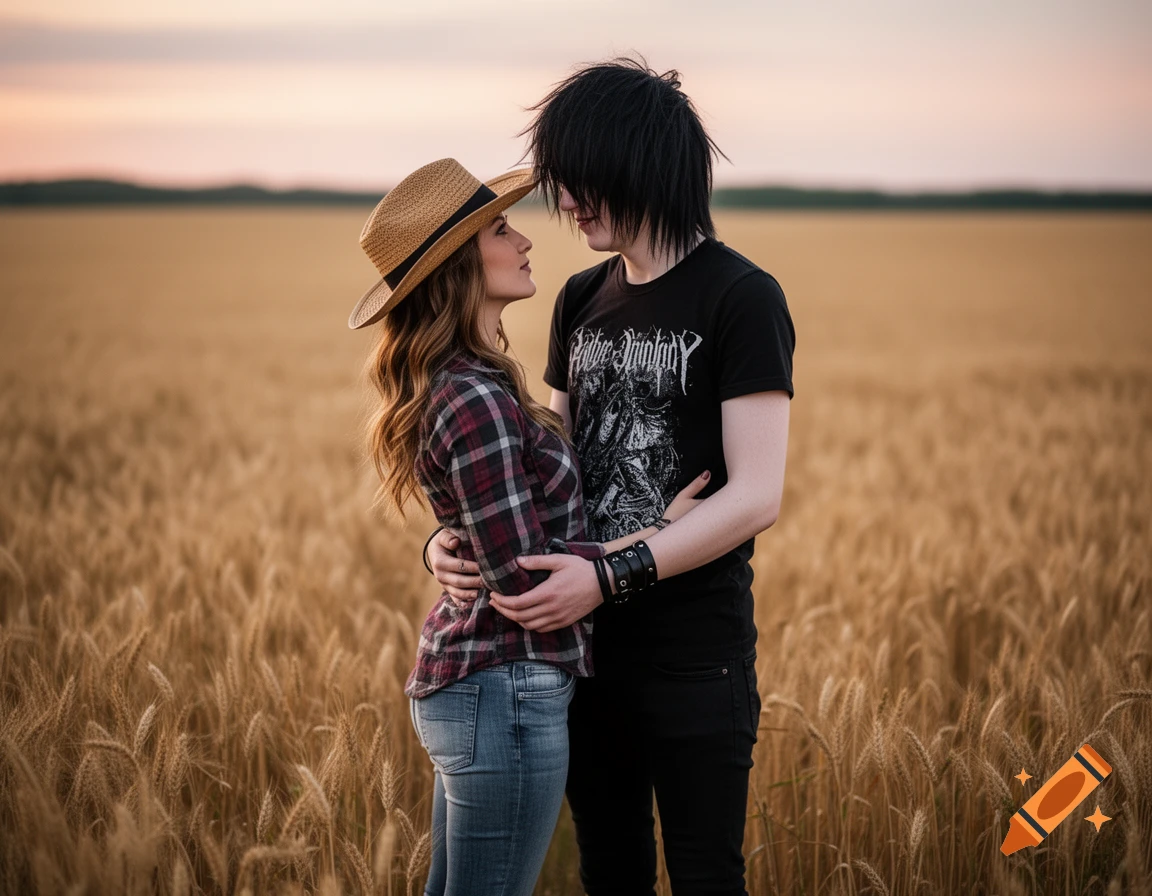 An emo man and a woman in a straw hat and plaid shirt embrace lovingly in a golden wheat field at sunset.