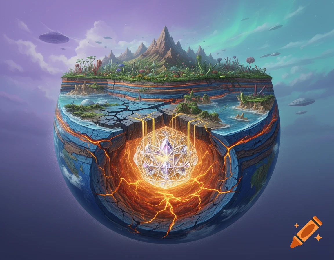 A vibrant cross-section of a fantastical planet, showing an outer layer of lush flora, mountains, oceans, and exposed rock, with an inner core of glowing lava and a radiant crystal. UFOs hover in the colorful sky.