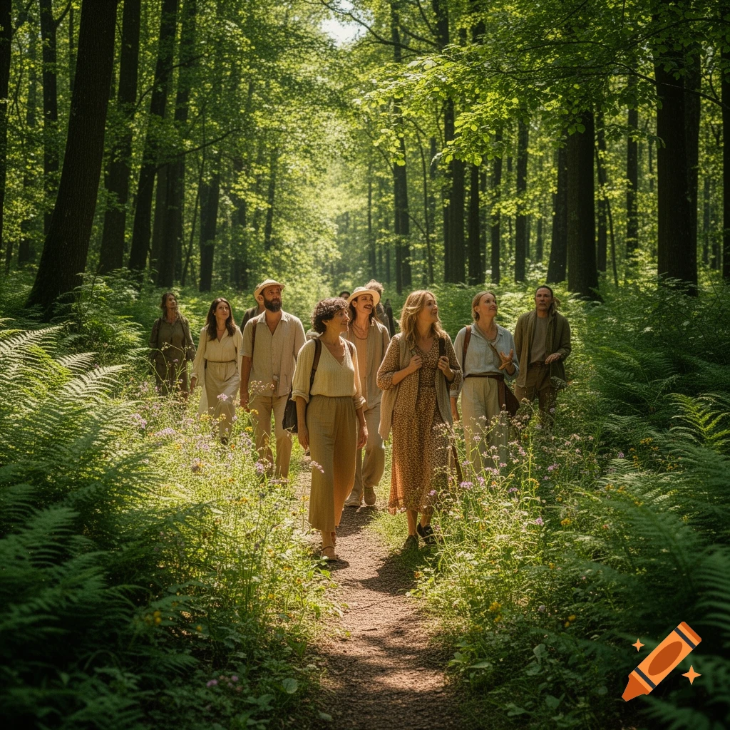 A group of people walk along a dirt path through a sun-dappled green forest.
