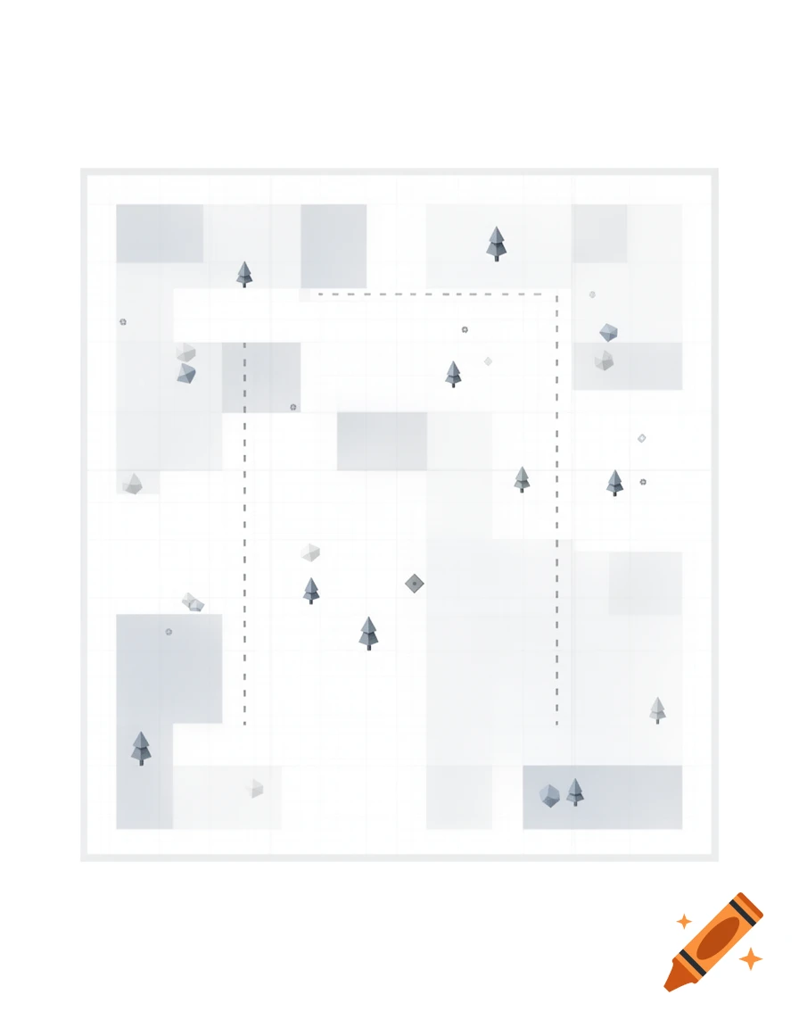 Minimalist 2D game map layout with a grid, light gray blocks, dotted lines, and small tree and geometric shapes.