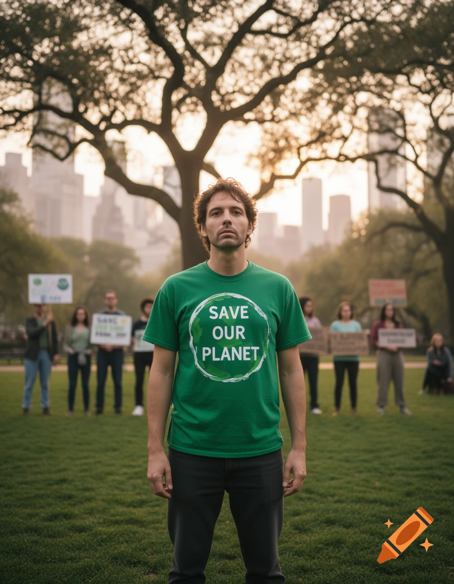 A man in a green 'SAVE OUR PLANET' t-shirt stands in a park with other activists, city skyline at sunset in the background.
