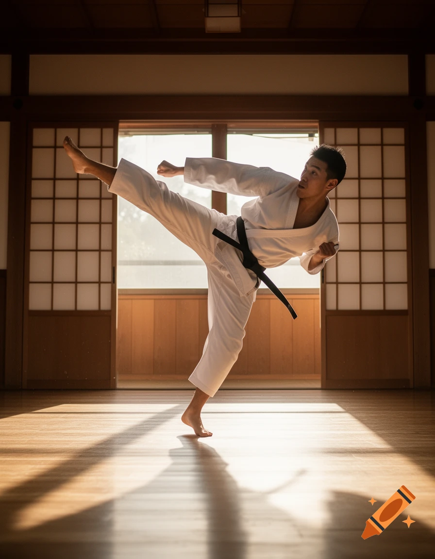 A male martial artist in a white gi with a black belt performs a high kick in a traditional dojo with sunlight streaming through shoji screens.