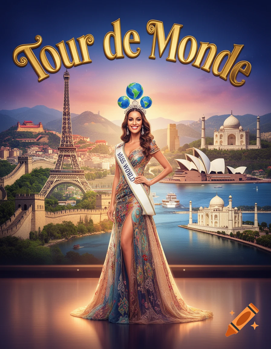 A beauty queen in a colorful gown and 'Miss World' sash stands before a panoramic backdrop of global landmarks under the text 'Tour de Monde'.