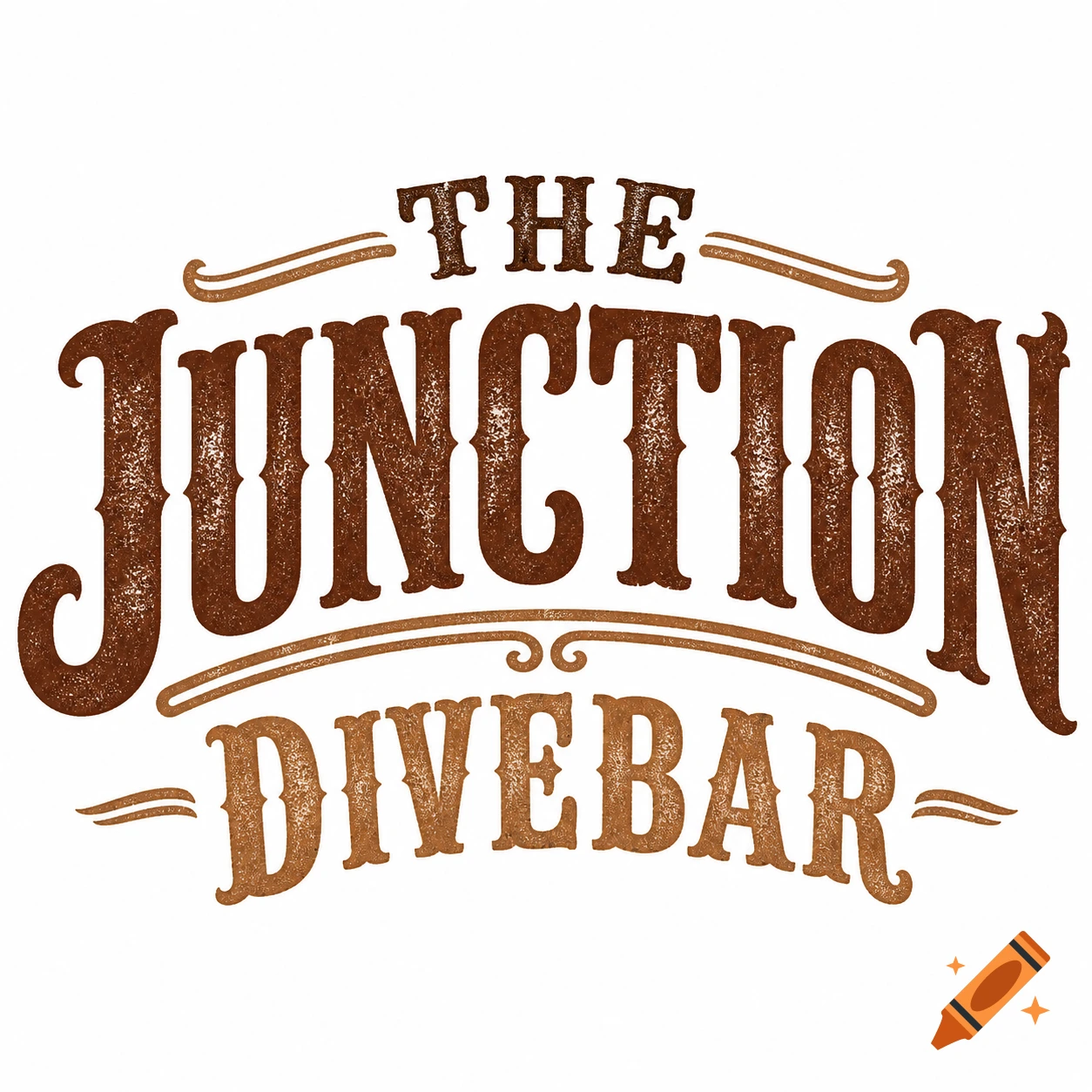 A brown and tan distressed logo for 'The Junction Divebar' with decorative lines and swirls.