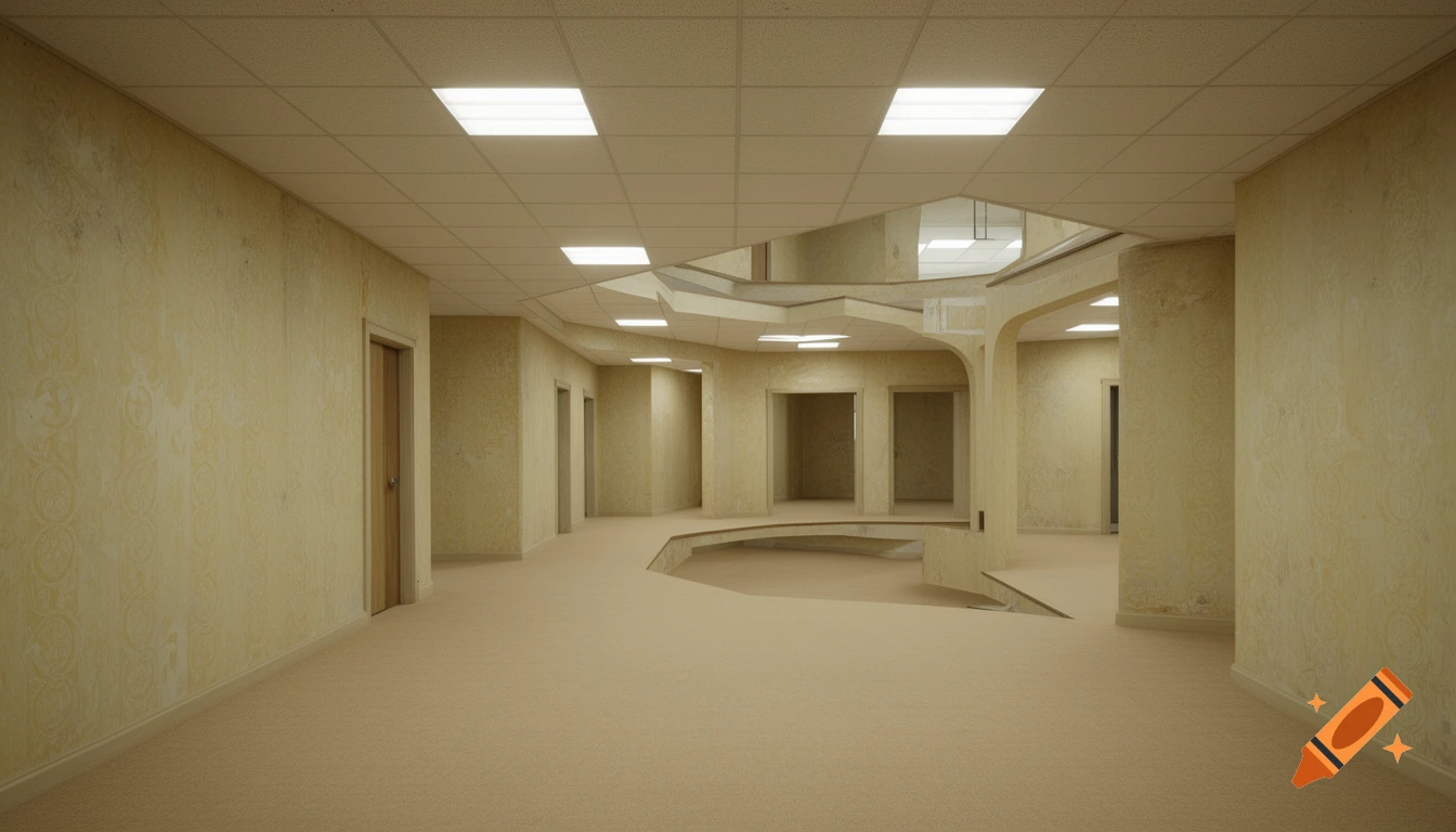 Photorealistic empty room with yellow patterned wallpaper, beige carpet, white tile ceiling, and fluorescent lights, featuring impossible, twisting architecture.