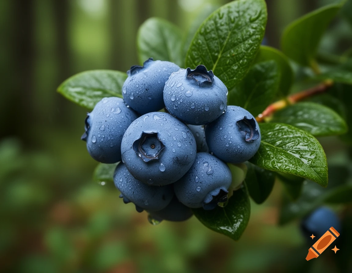 Close-up of fresh, wet blueberries with water droplets on green leaves in a natural setting.