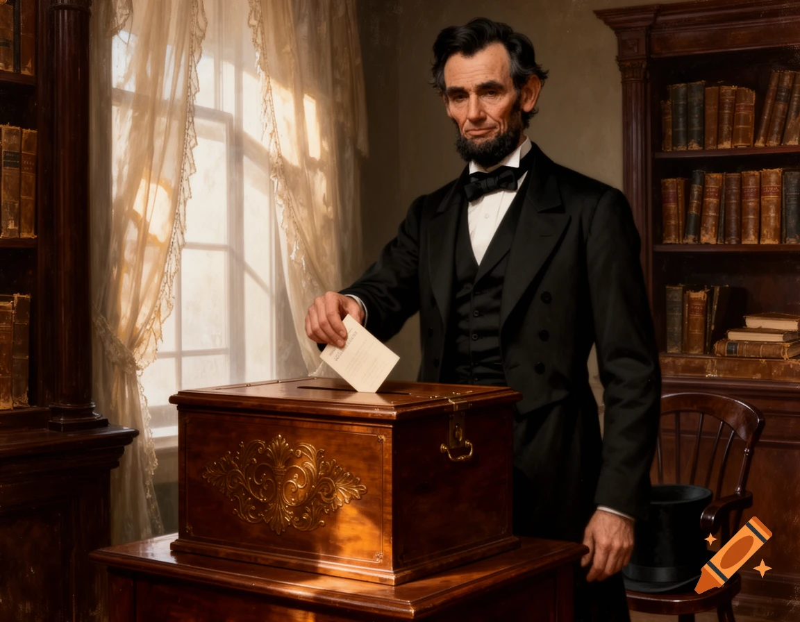 Abraham Lincoln, in a black suit, drops a ballot into a wooden box in a painting, with bookshelves and a window in the background.
