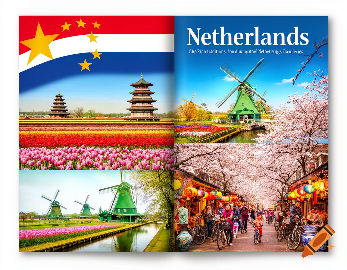 A vibrant travel brochure cover blending Chinese and Dutch elements, featuring pagodas in tulip fields, windmills, cherry blossoms, and a bustling street market with cyclists. The cover text reads "Netherlands" with a hybrid flag.