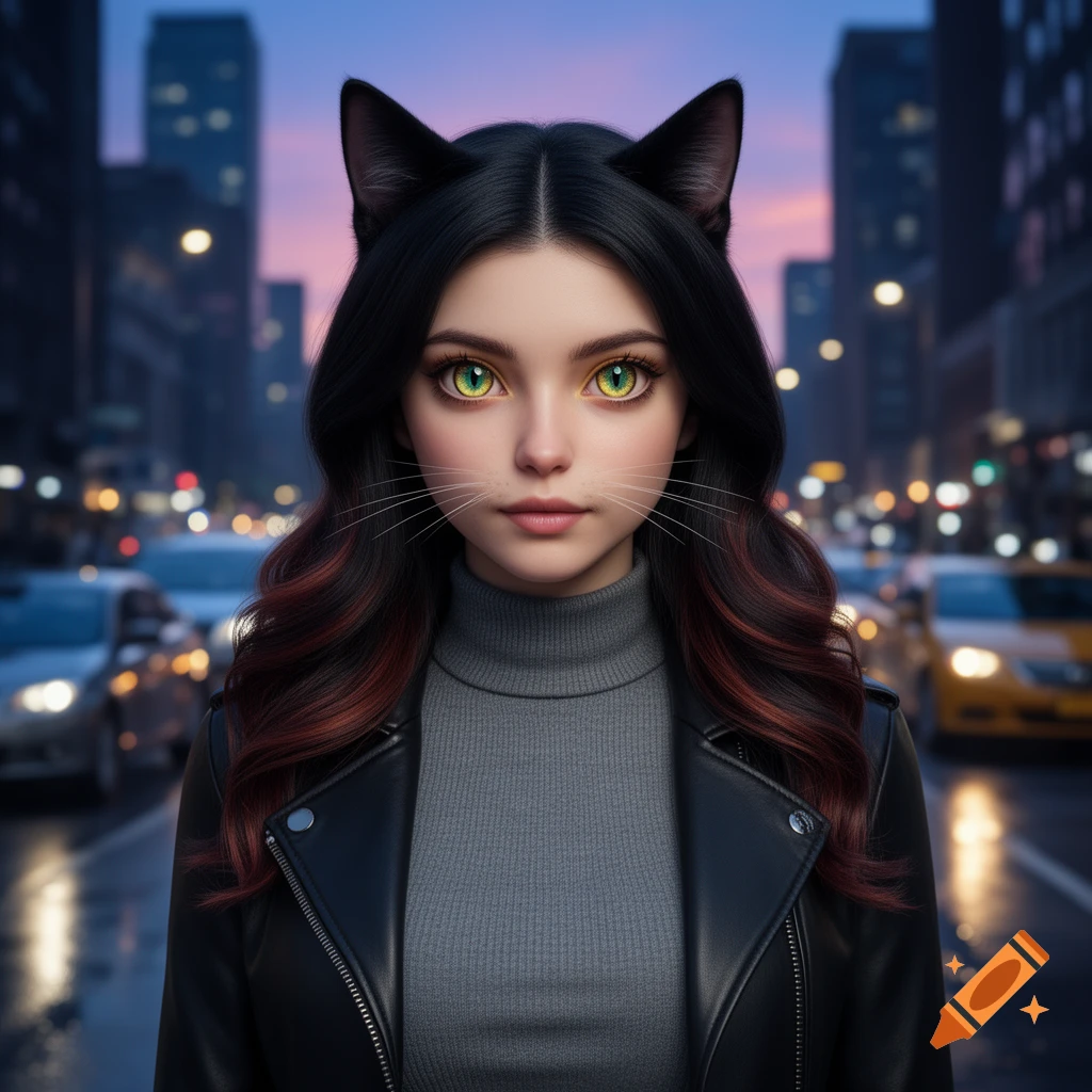 Stylized portrait of a young woman with cat ears, whiskers, and large green cat eyes, wearing a black leather jacket in a city at dusk.