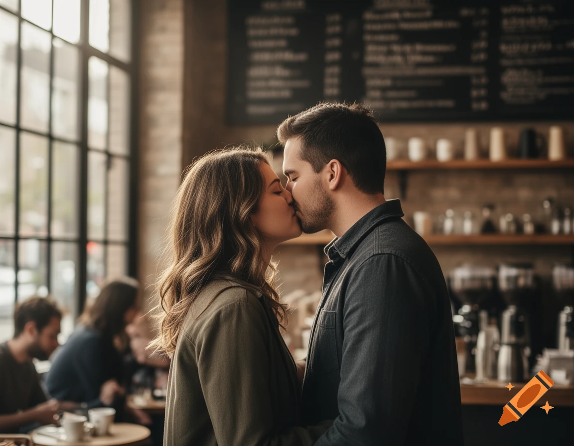 Photorealistic image of a couple passionately kissing in a warm, bustling coffee shop with large windows and a chalkboard menu.