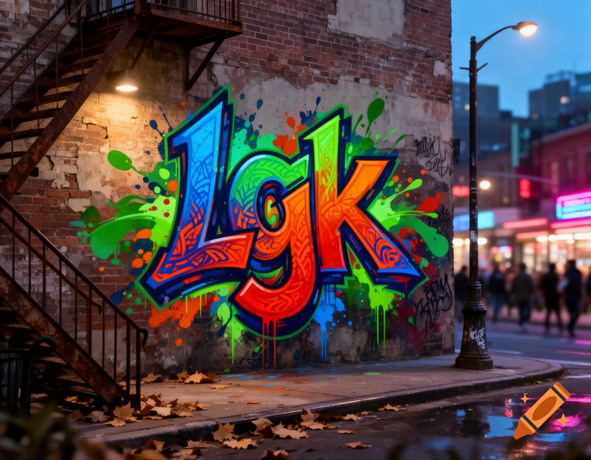 Vibrant 'Lgk' graffiti on a brick wall with a fire escape, next to a wet city street at dusk.
