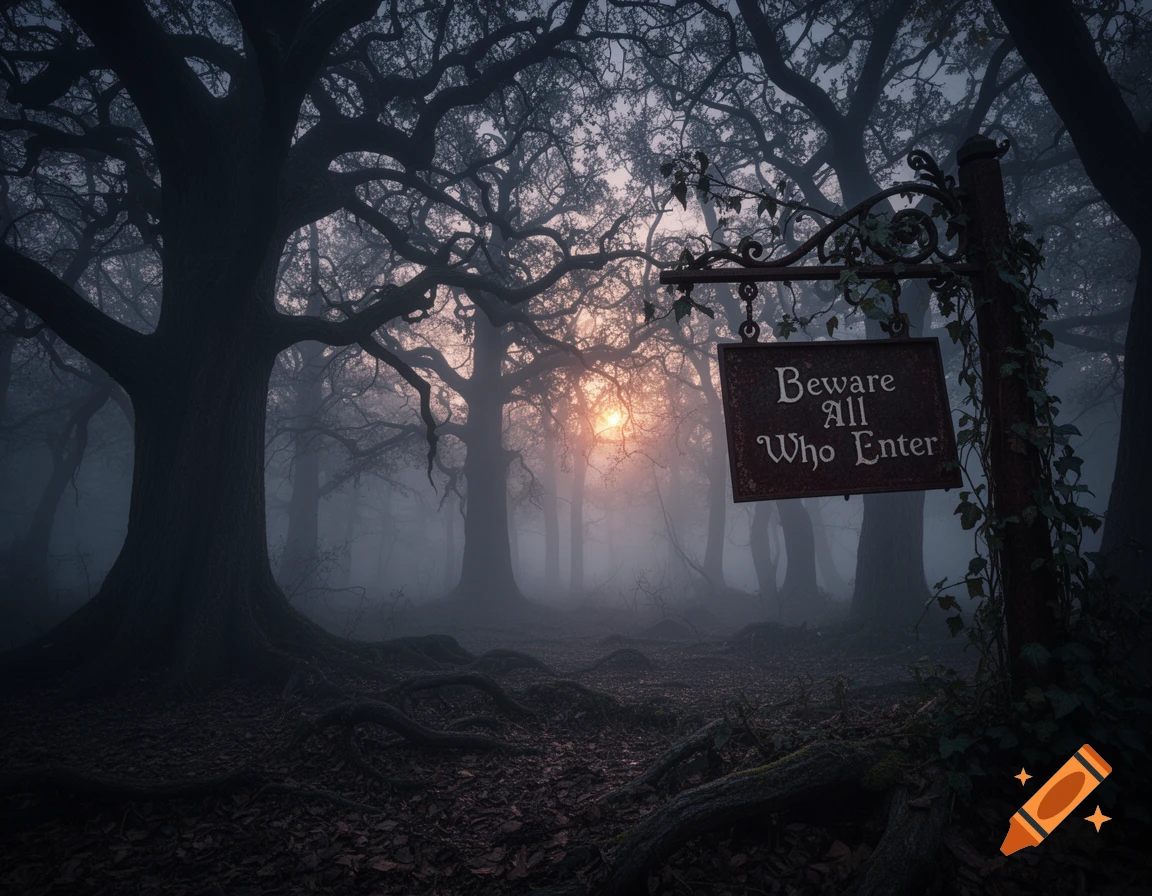 A dark, foggy forest with gnarled trees, illuminated by an eerie sunrise. A sign reads 'Beware All Who Enter'.