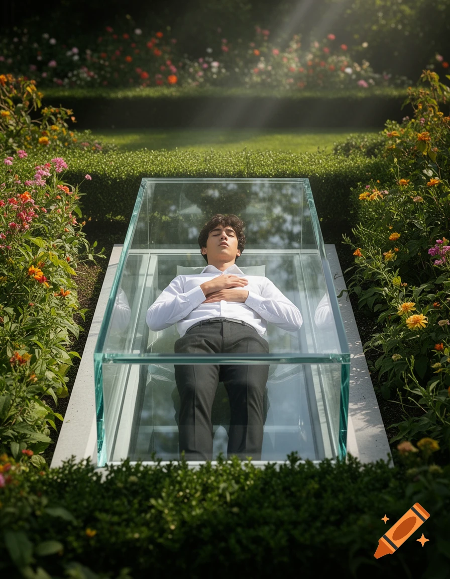 A man in a white shirt and dark pants lies in a glass casket surrounded by lush green bushes and colorful flowers in a garden.