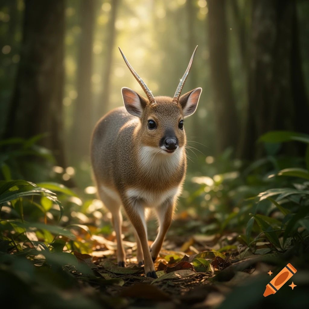 A photorealistic mouse deer with small antlers stands in a sunlit forest, looking forward.