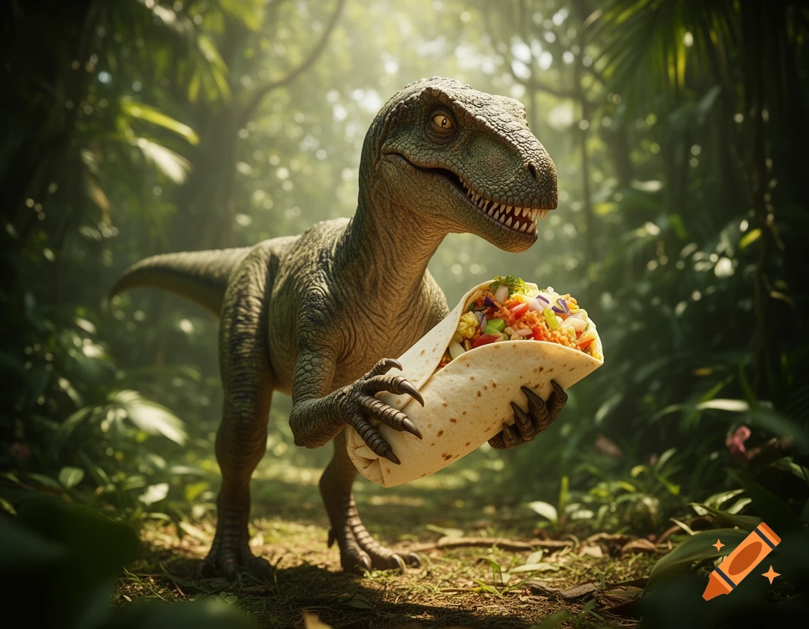 A photorealistic velociraptor stands in a lush jungle, holding a large burrito filled with colorful ingredients.