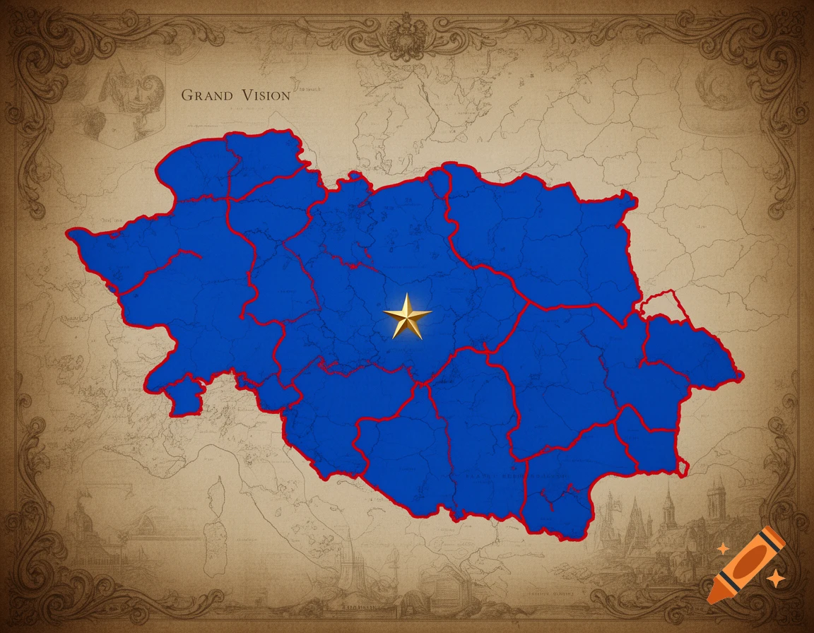 A vintage map with a large blue territory outlined in red, marked with a gold star, and 'GRAND VISION' text.