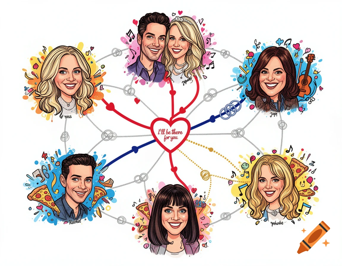 Cartoon diagram of six caricatures, characters from the TV show Friends, linked by red and blue lines to a central heart with the text "I'll be there for you."