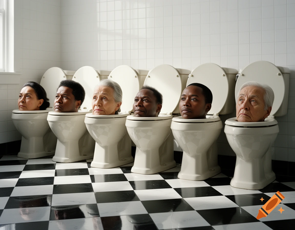 Six diverse human heads protrude from a row of toilets in a white-tiled bathroom with a checkered floor, photorealistic.