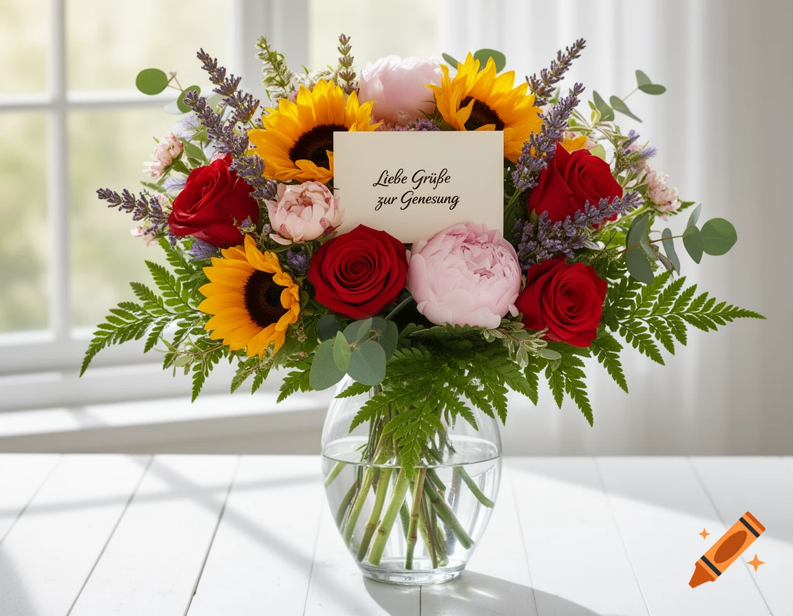 Vibrant bouquet of red roses, yellow sunflowers, pink peonies, lavender, and ferns in a glass vase on a white table. A card says 'Liebe Grüße zur Genesung'.