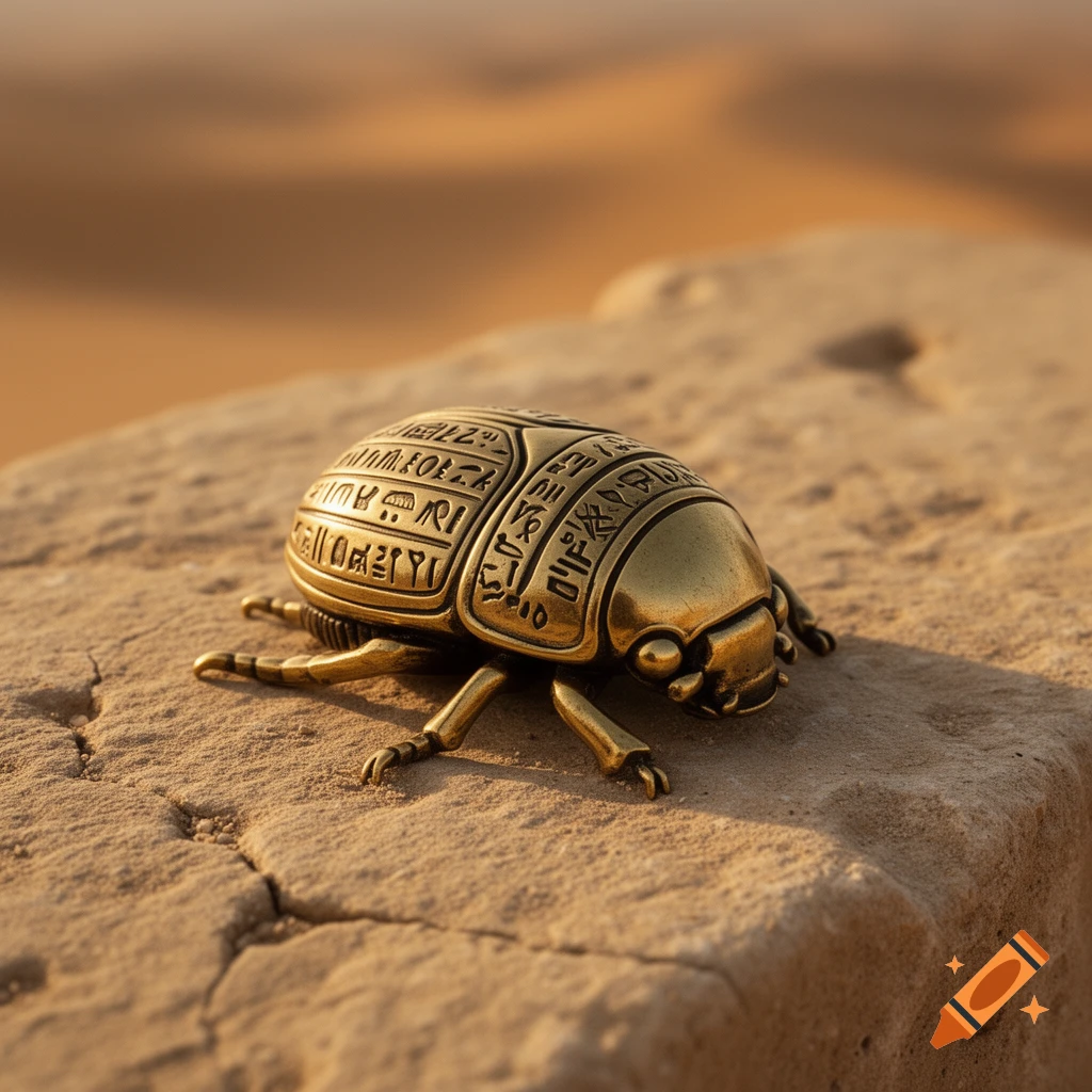 A golden Egyptian scarab beetle artifact with hieroglyph-like carvings on its back, resting on a rocky surface in a desert landscape.