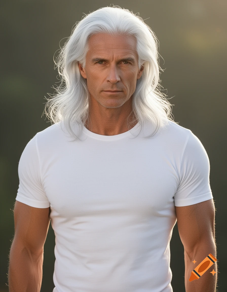 Photorealistic portrait of a man with long, wavy white hair and a white t-shirt, looking forward.