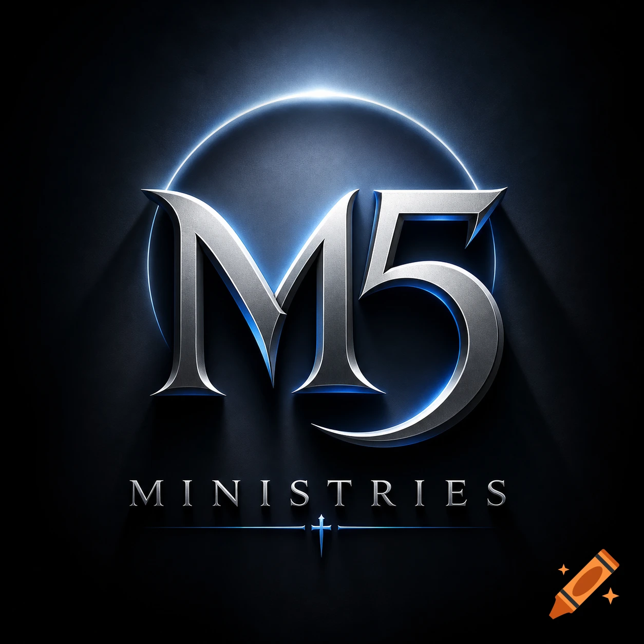 A metallic silver M5 MINISTRIES logo with blue accents and a glowing blue circle behind it, set on a dark background, with a small cross below.